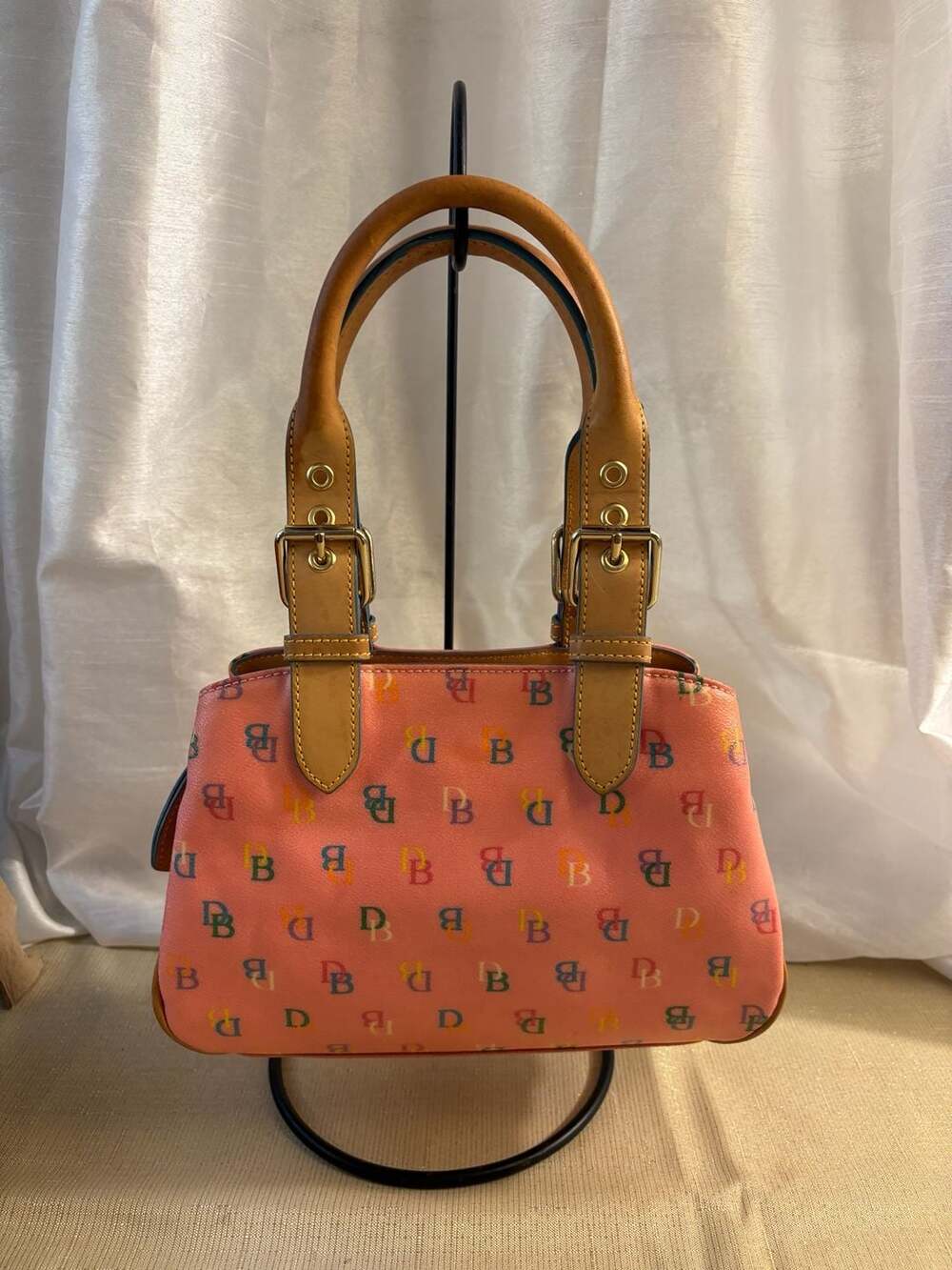 Vintage Dooney & Bourke Pink and Rainbow Monogram Signature DB Medium Satchel Ha